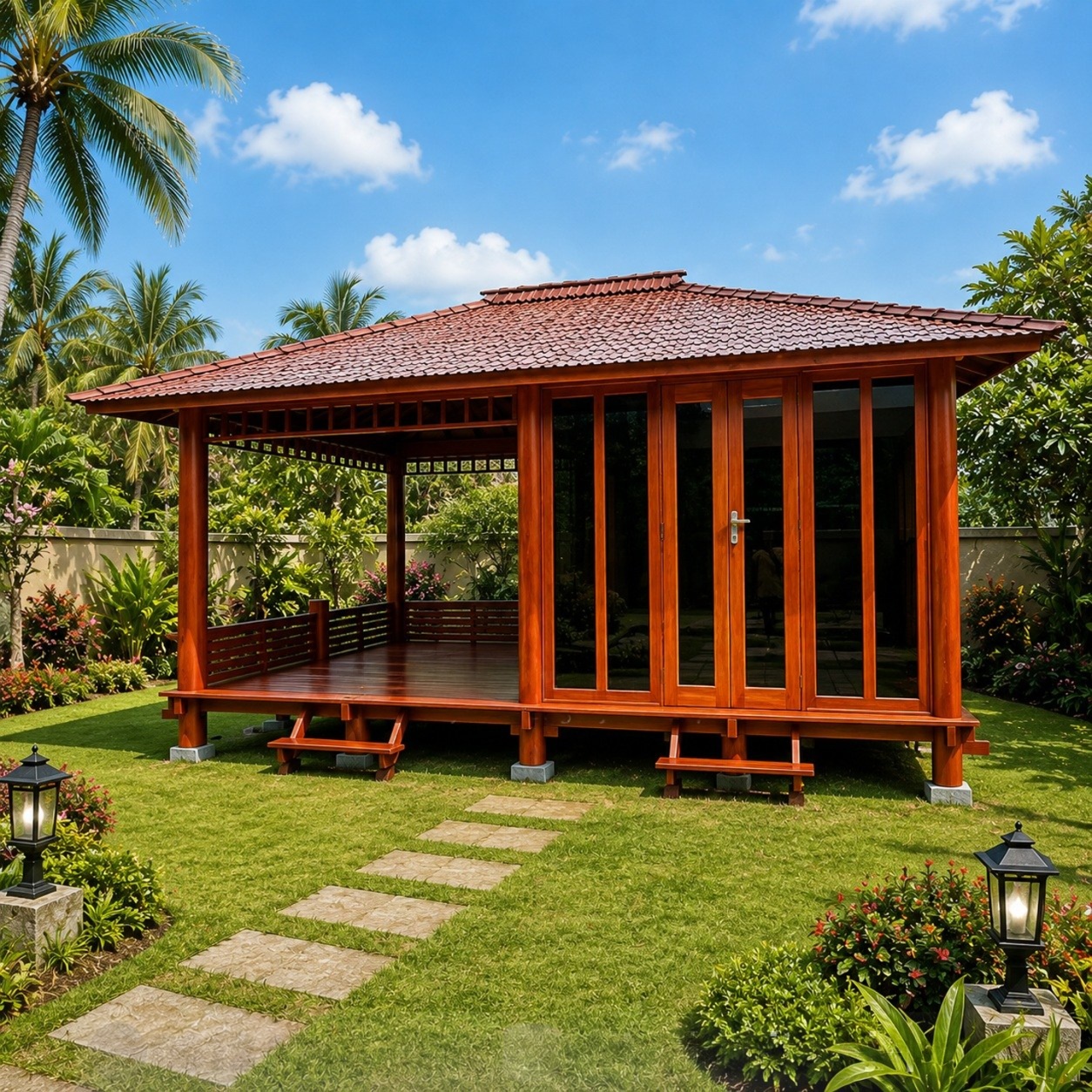 Gazebo Kayu 4x6m Minimalis dengan Dinding Kaca Gazebo Kayu 4x6m Minimalis dengan Dinding Kaca